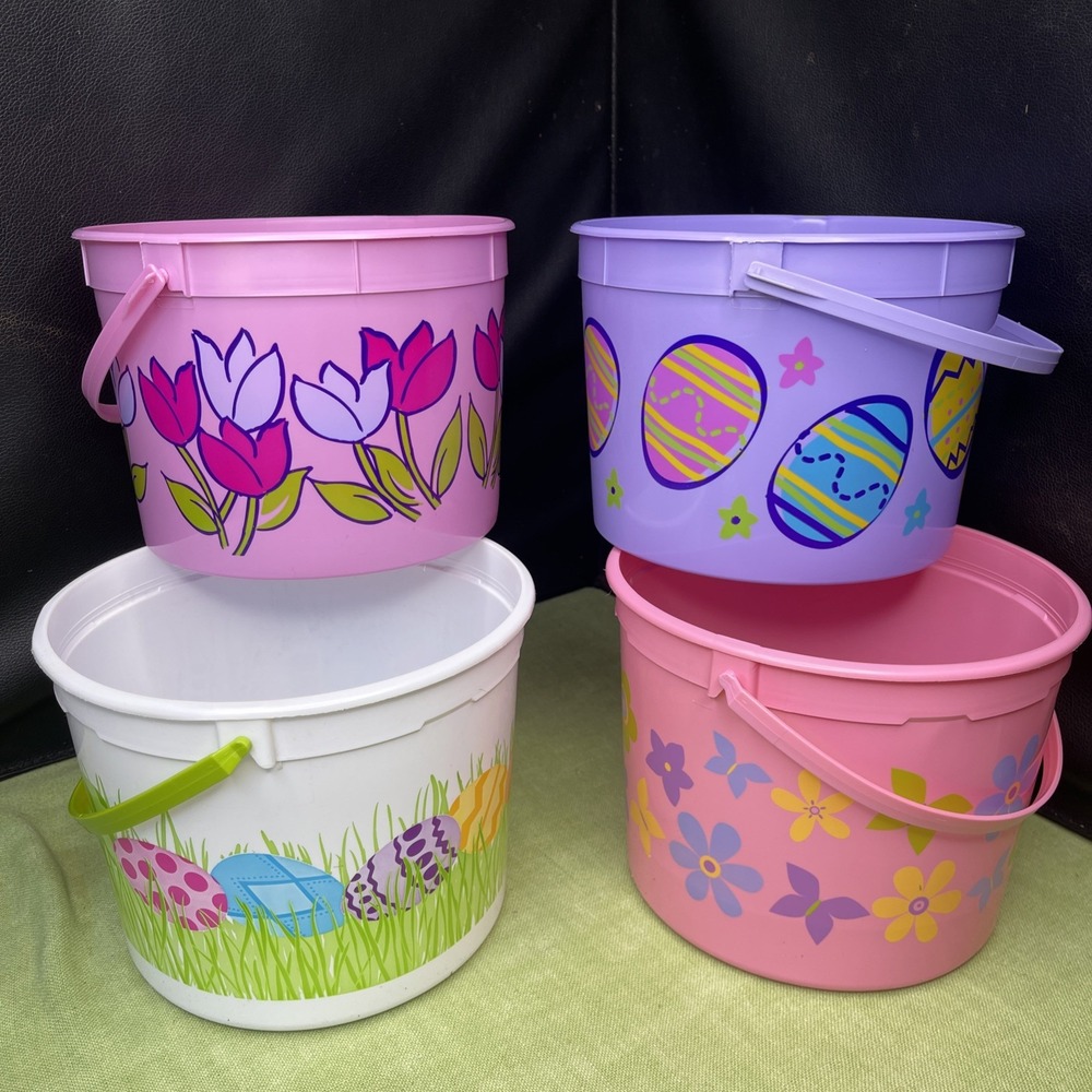 Berry Plastics Easter Buckets Colored Egg Lily Flower  Made In USA Lot Of 4
